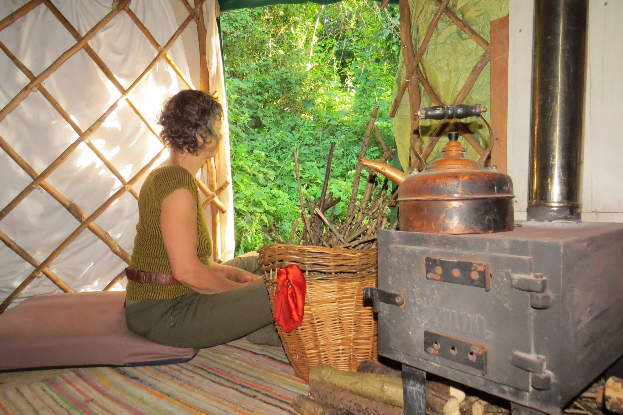 A woman inside the yurt looking out to the woods