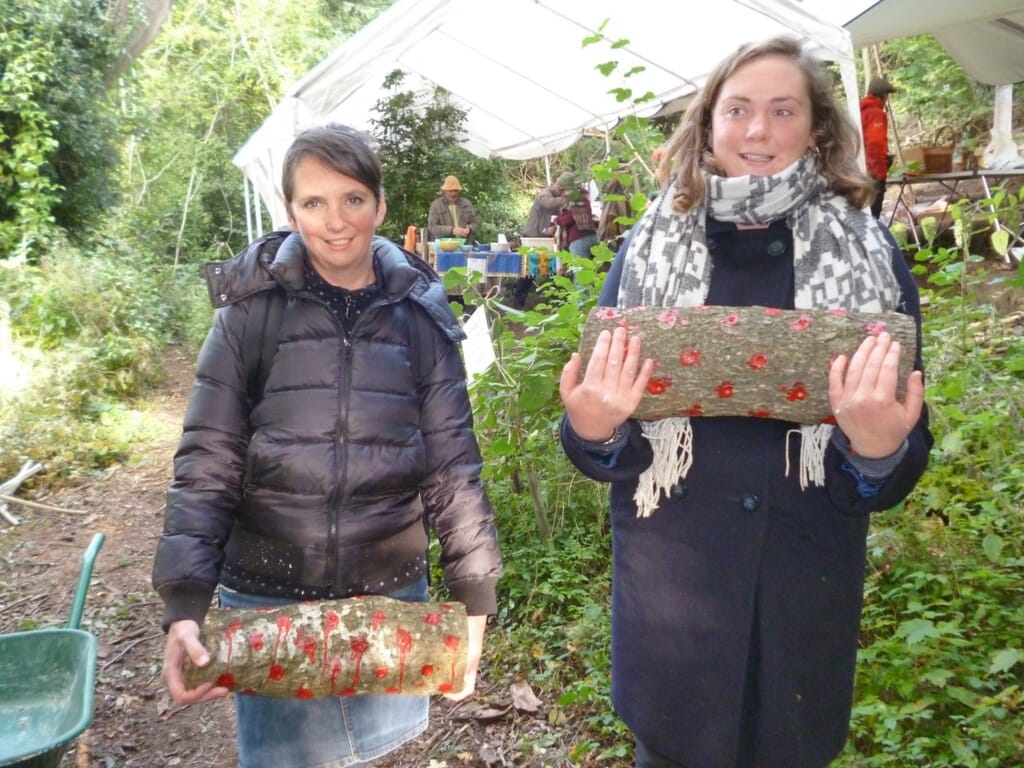 Two ladies carrying oak stumps injected with shiitake spores and sealed in October 2016